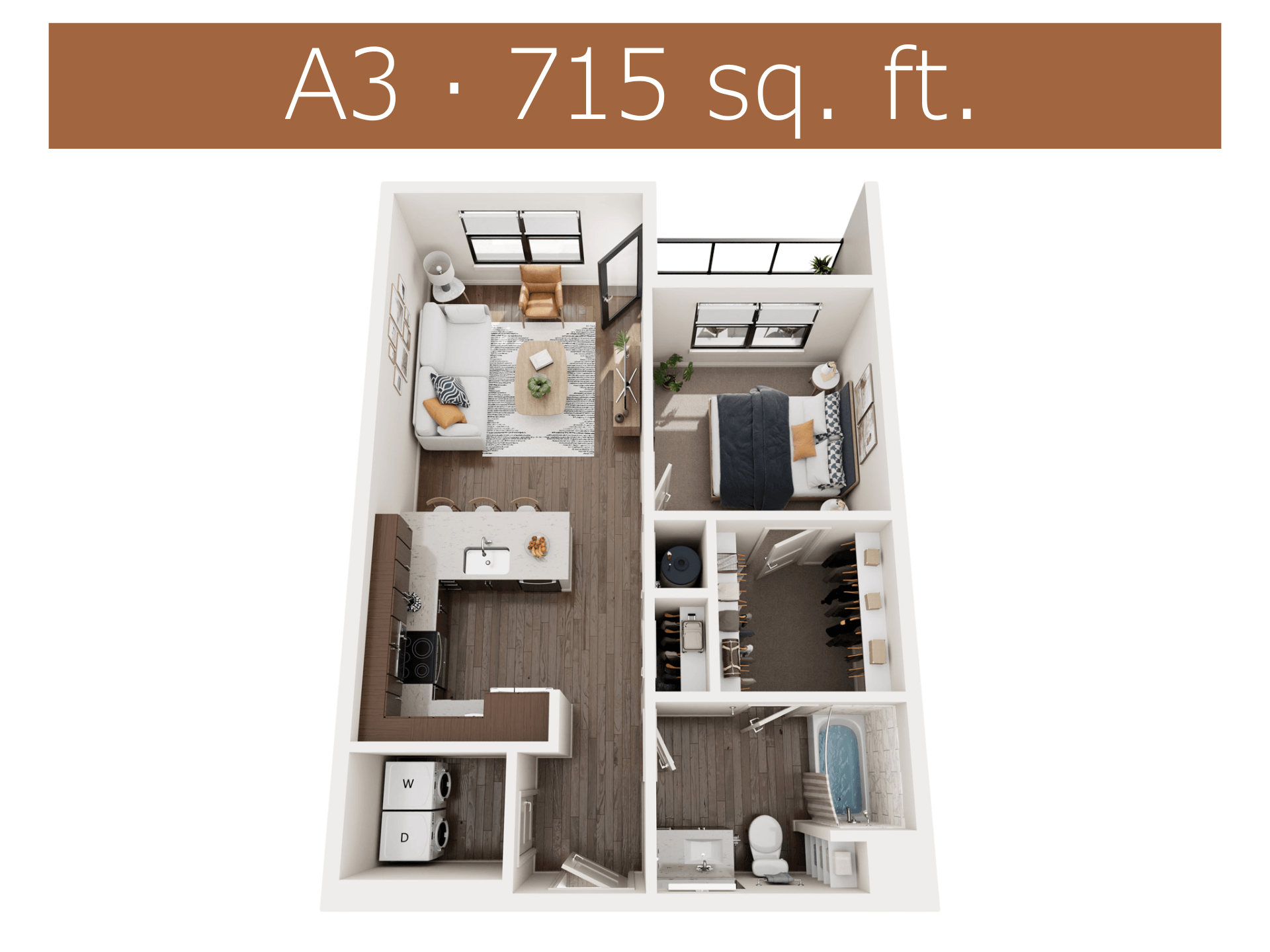 Floor plan for 1 bed, 1 bath, 715 sqft